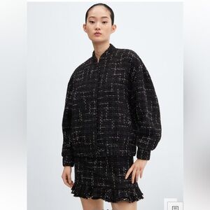 Mango Black and White Oversized Tweed Bomber Jacket